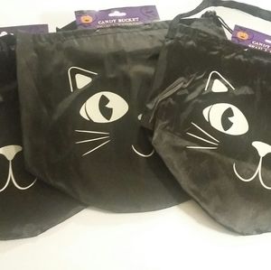 3 Black Cat Face Bucket Tote Bags